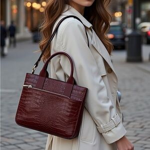 Elegant Crocodile-Embossed Burgundy Handbag